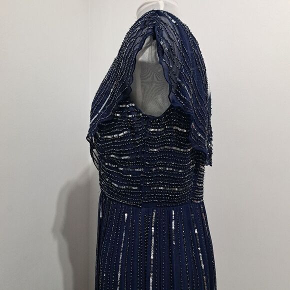 Patra Silk Elegant Sequin Beaded V Neck Party Maxi Dress Size 12 Navy - Picture 13 of 17